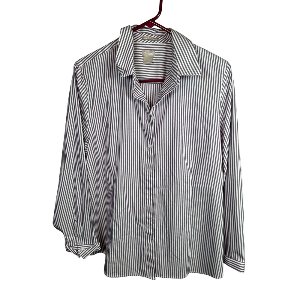 Chico's Button Down Women's 2 Purple Striped No Iron Coolmax Long Sleeve Shirt